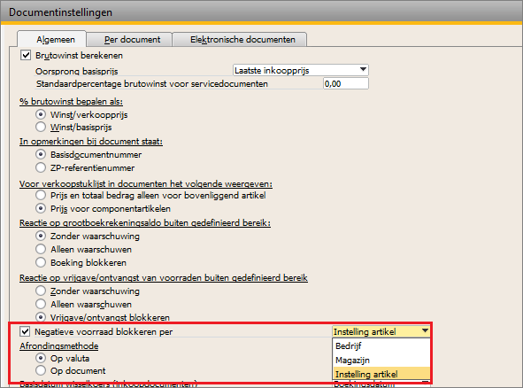 SAP Business One instelling magazijnbeheer negatieve voorraad blokkeren